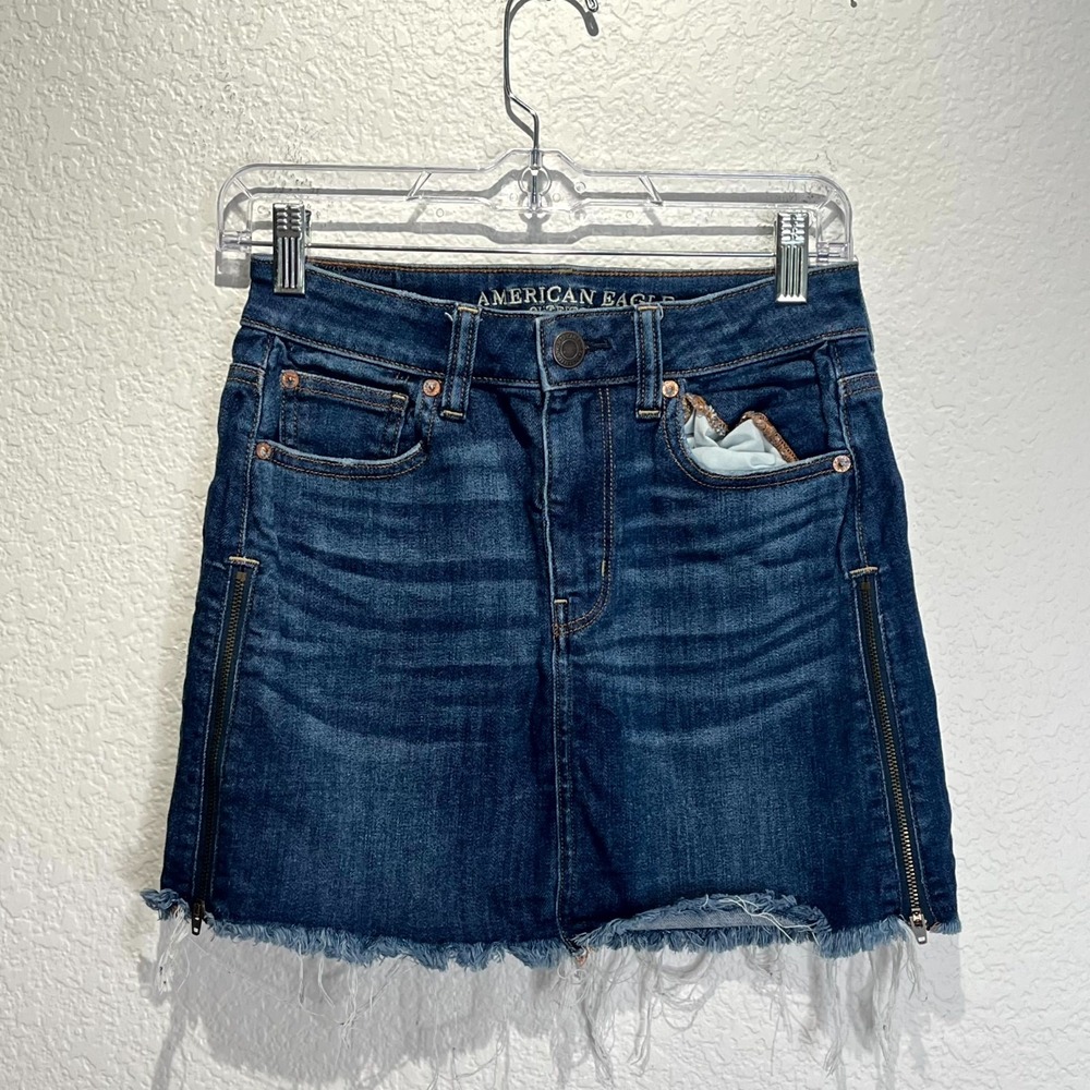 American Eagle Outfitters Mini Skirt Womens 2 Blue Denim High Rise Side Zip